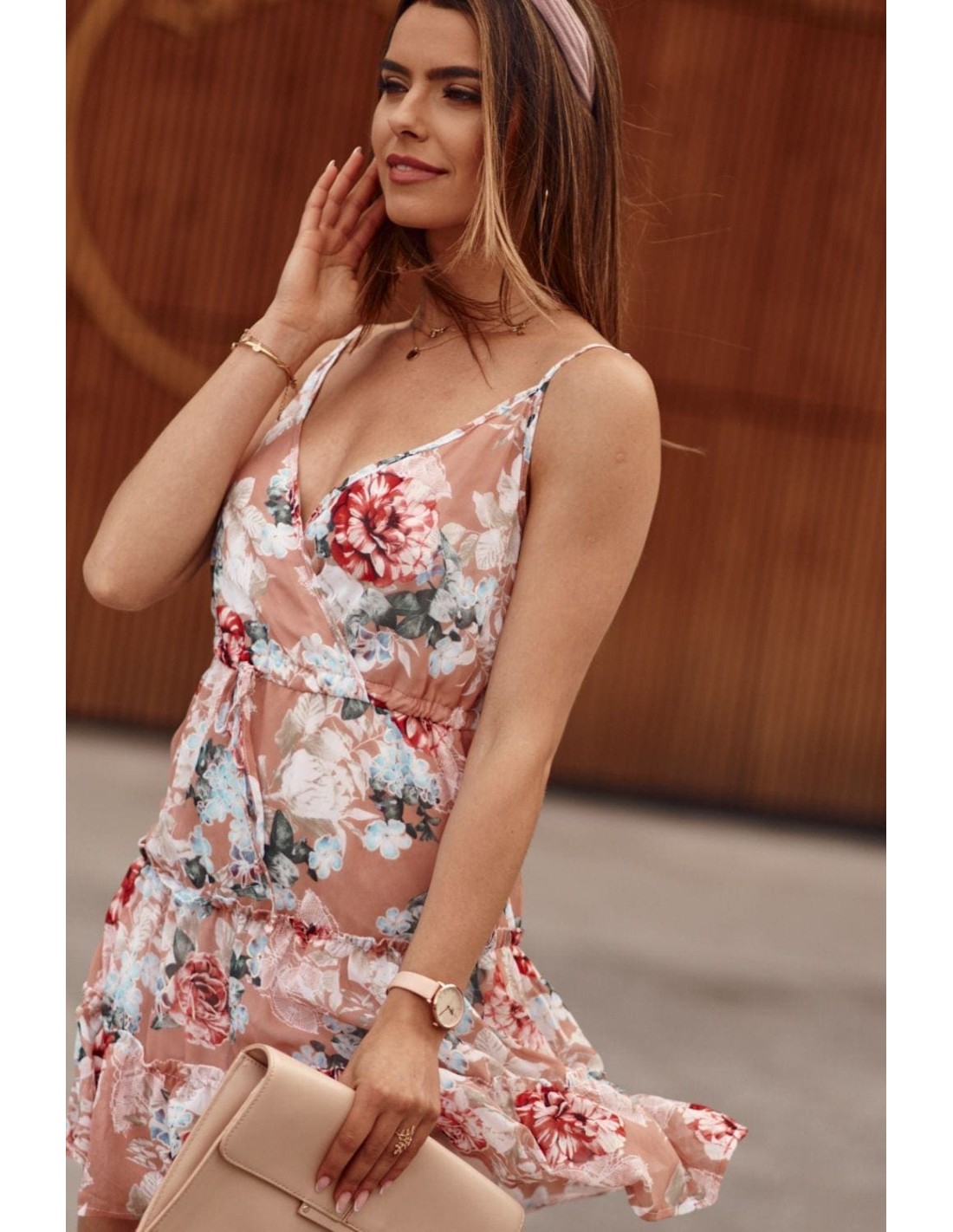 Floral dress with an envelope neckline, powdered PR3211 - Online store - Boutique